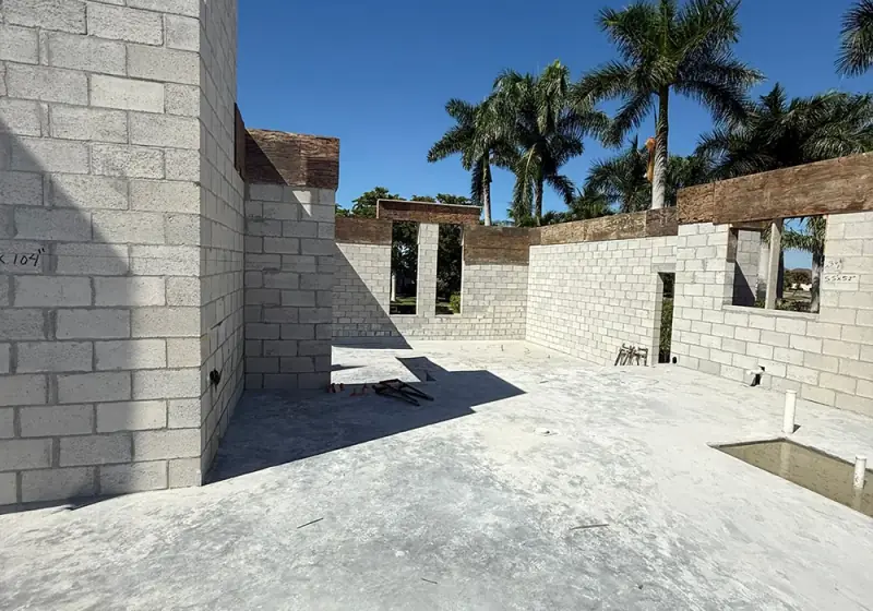 New concrete block walls with tie beam forms on a Southwest Florida home site