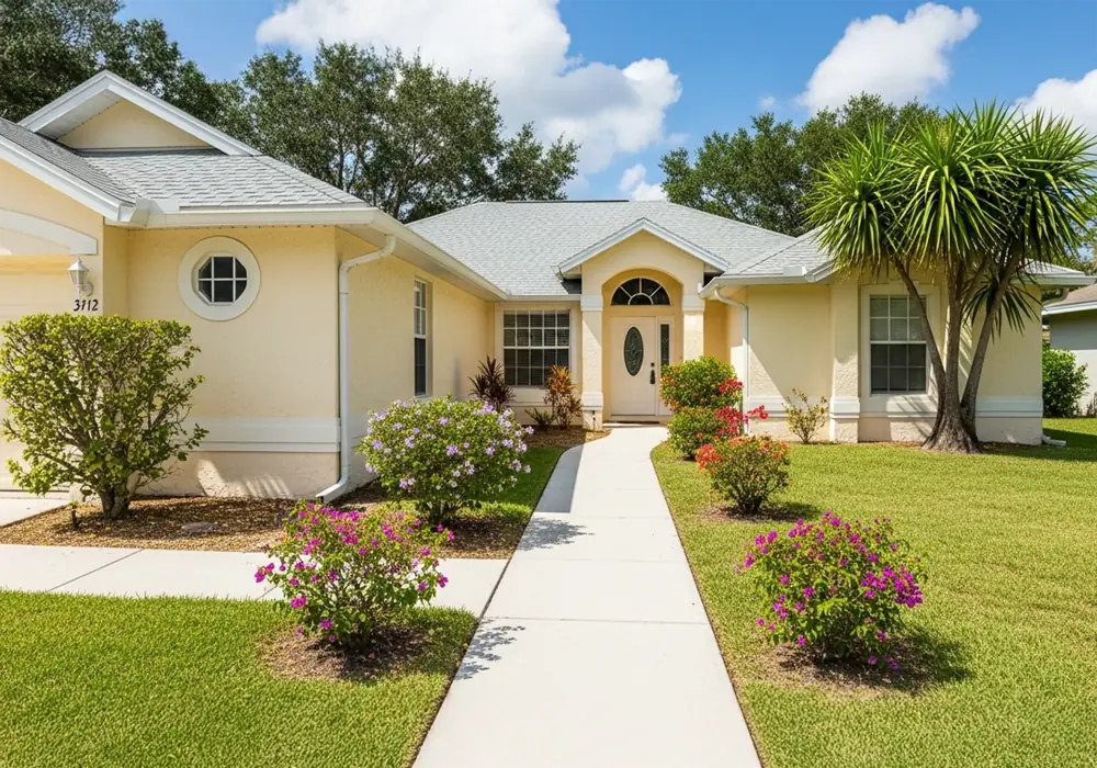 Concrete walkway leading to the front entry of a Florida home