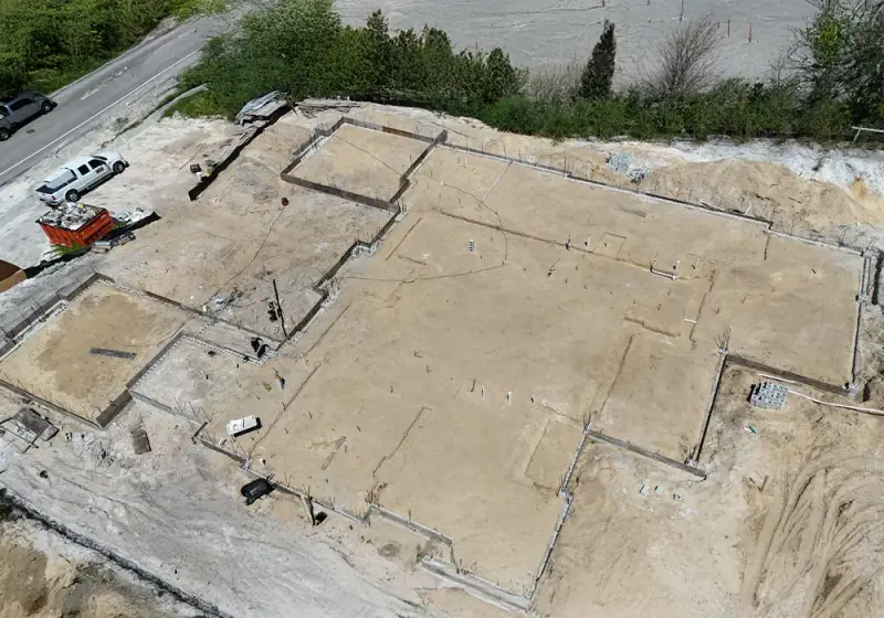 Aerial view of a finished house slab foundation